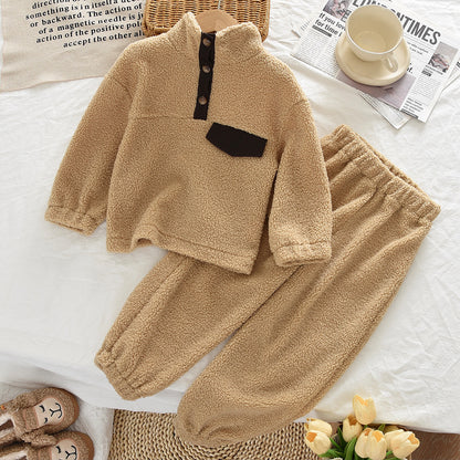 High Necked Furry Top Casual Sweatpants Christmas&New Year Warm Kid Outfit