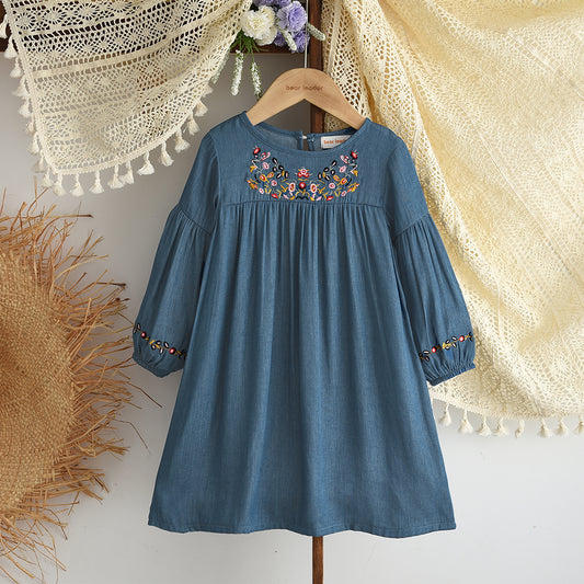 Girls' Long Sleeve Jean Blue Floral Embroidery Dress