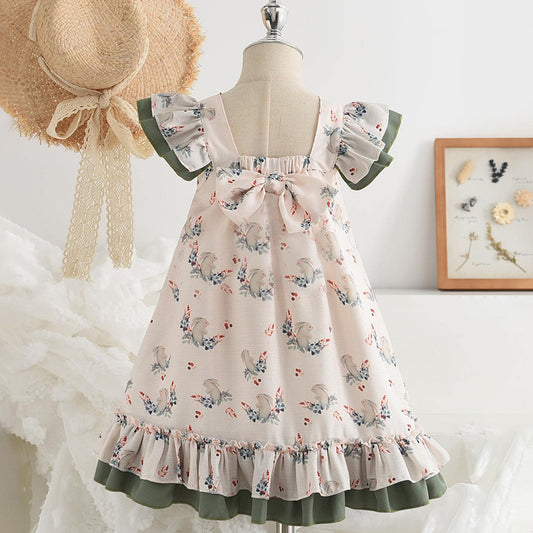 Girls' Cartoon Printing Bow-knot Vintage Dress