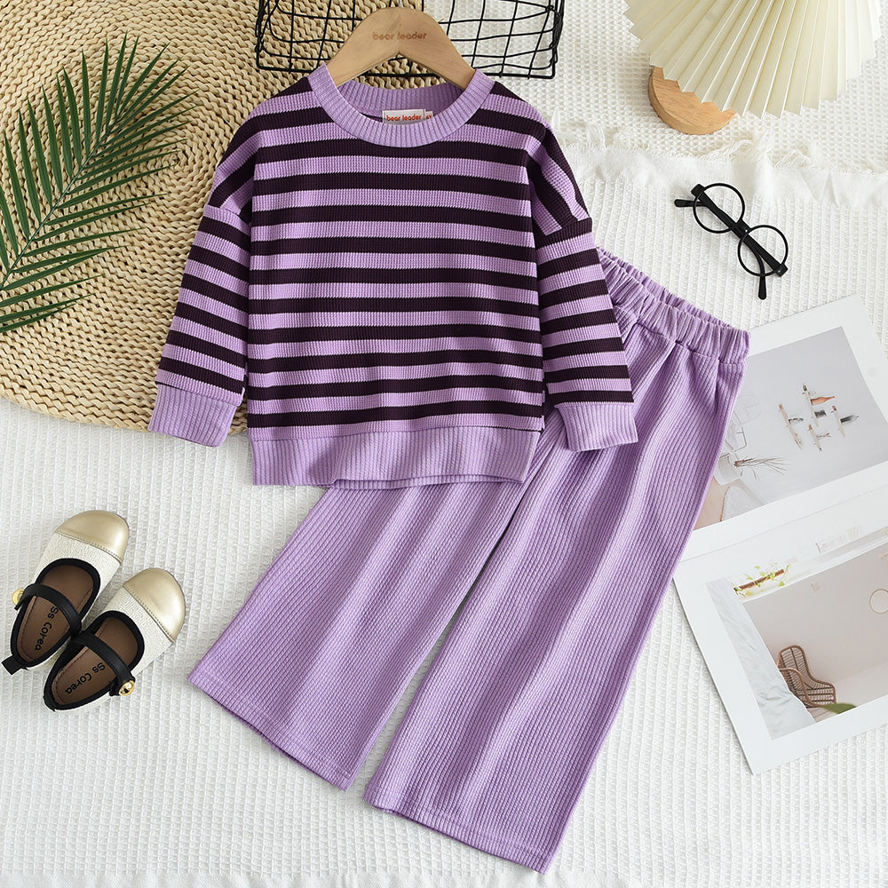 Girls' Contrast Colors Stripes Classic Casual Set