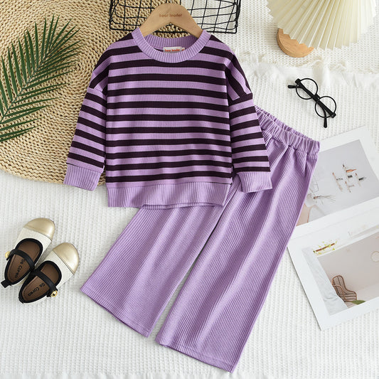 Girls' Contrast Colors Stripes Classic Casual Set