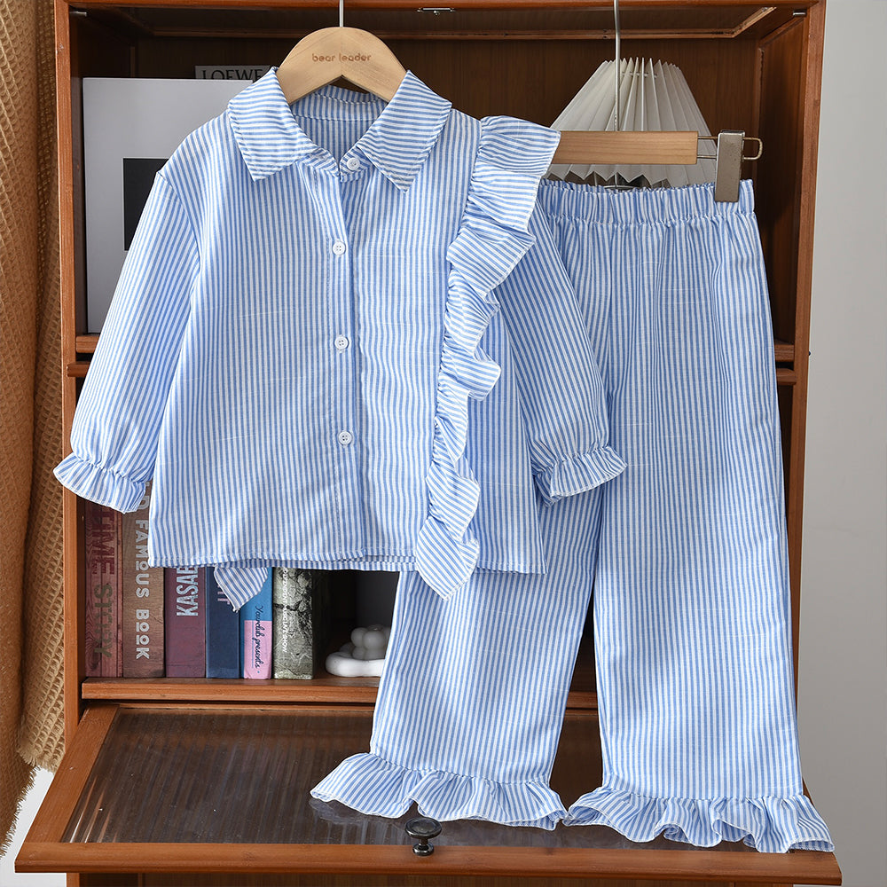 Ruffle Long Sleeve Stripes Shirt+Trousers 2pcs Fashion Girls' Clothes