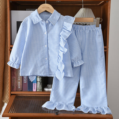 Ruffle Long Sleeve Stripes Shirt+Trousers 2pcs Fashion Girls' Clothes