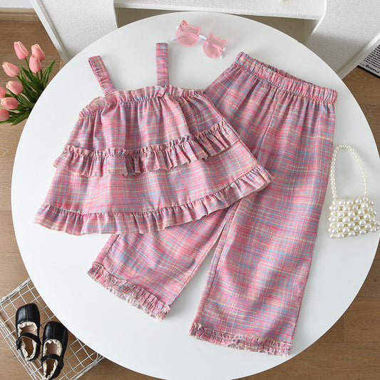 Girls' Plaid Sun-top+Trousers Vacation Set