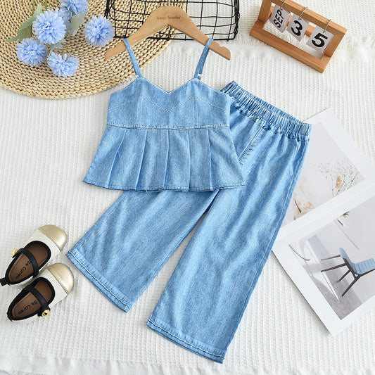 Girls' Fake Jean Sun-top Trousers Fashion Set