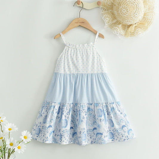 Girls' Print Patchwork Dress Adjustable Shoulder Strap Sundress
