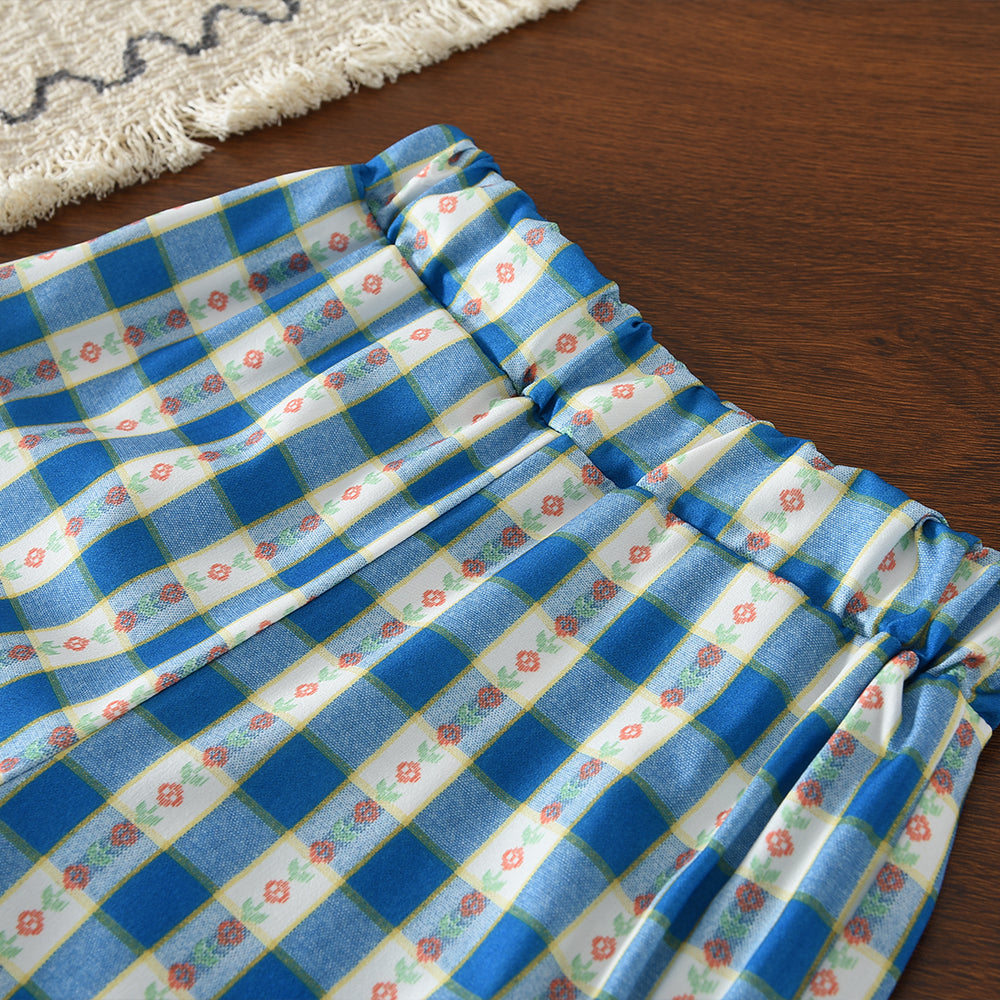 Floral Plaid Pattern Contrasting Colors Ruffle Girls' Summer Cute Set