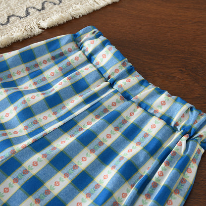 Floral Plaid Pattern Contrasting Colors Ruffle Girls' Summer Cute Set