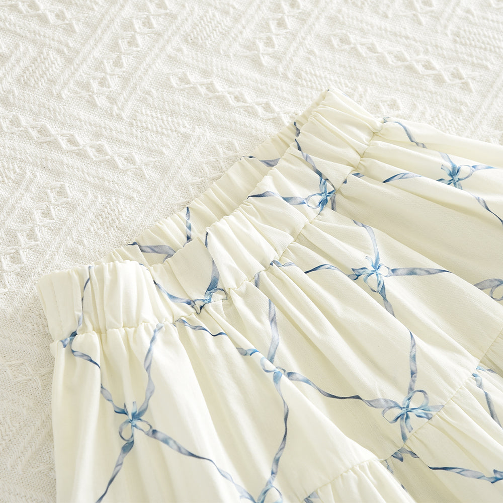 Girls' Bow-knot Printing Shirt+Patchwork Skirt Set