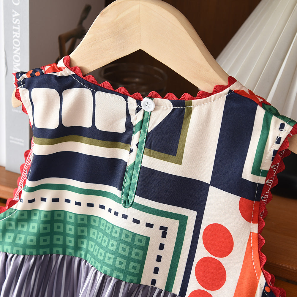 Girls' Geometry Print Color Blocking Sleeveless Dress