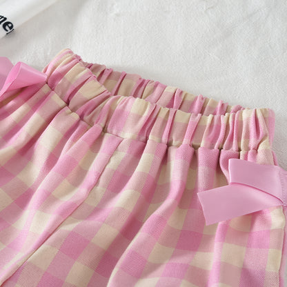 Kid Girl Casual Vest+Checkered Pants+Free Bag Cute Outfit