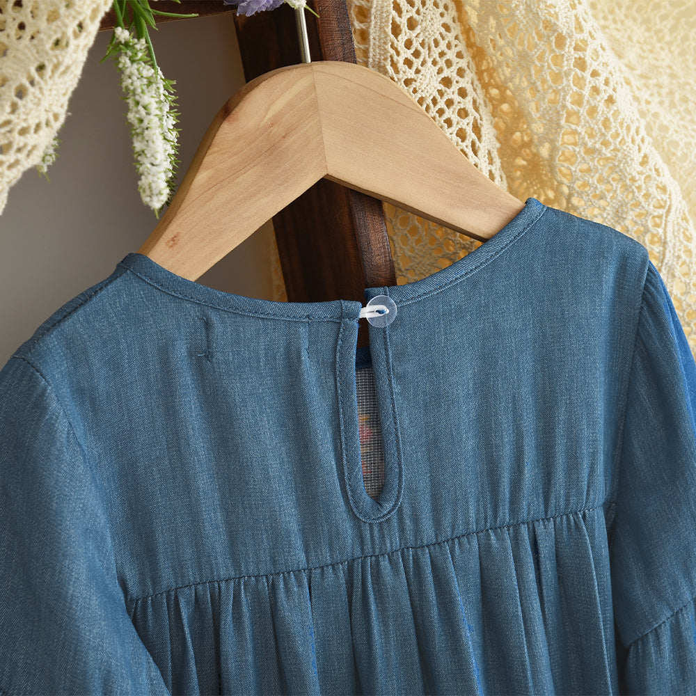 Girls' Long Sleeve Jean Blue Floral Embroidery Dress