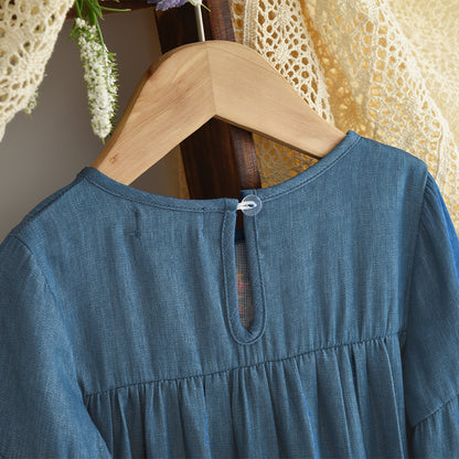 Girls' Long Sleeve Jean Blue Floral Embroidery Dress