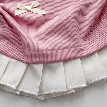 Wrinkle Bow Ruffle Vest+Wide Leg Trousers Elegant Girls' Set