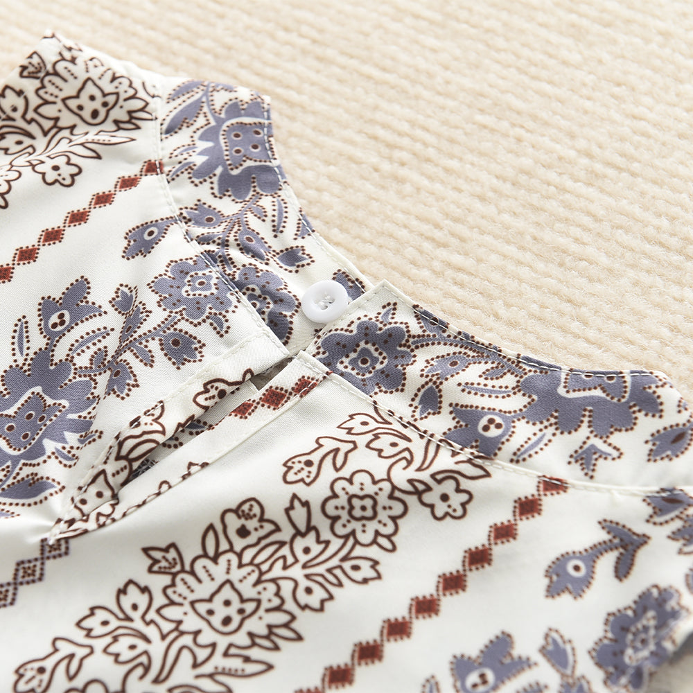 Girls' Ethnic Style Floral Print Ruffle Top+Flared Pants 2pcs Set