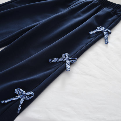 Girls' Patchwork Plaid Blouse Bow Trousers Stylish Outfit