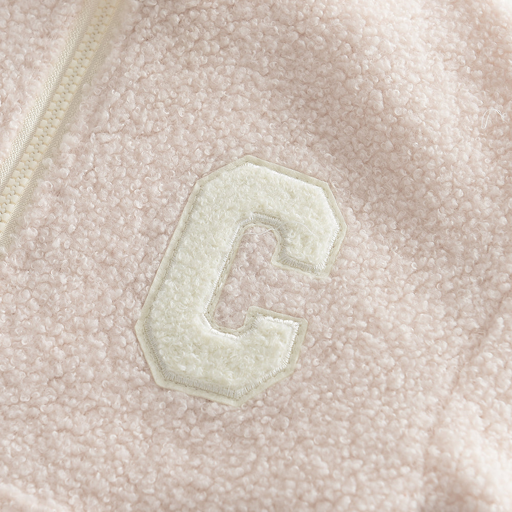 Girls' Letter Patch Zip Top+Trousers Fluffy Casual Set