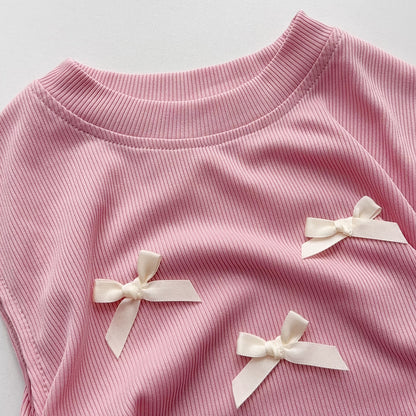 Wrinkle Bow Ruffle Vest+Wide Leg Trousers Elegant Girls' Set