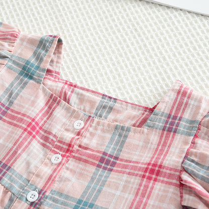 Girls' Contrast Colors Plaid Shirt+Loose Pant Set