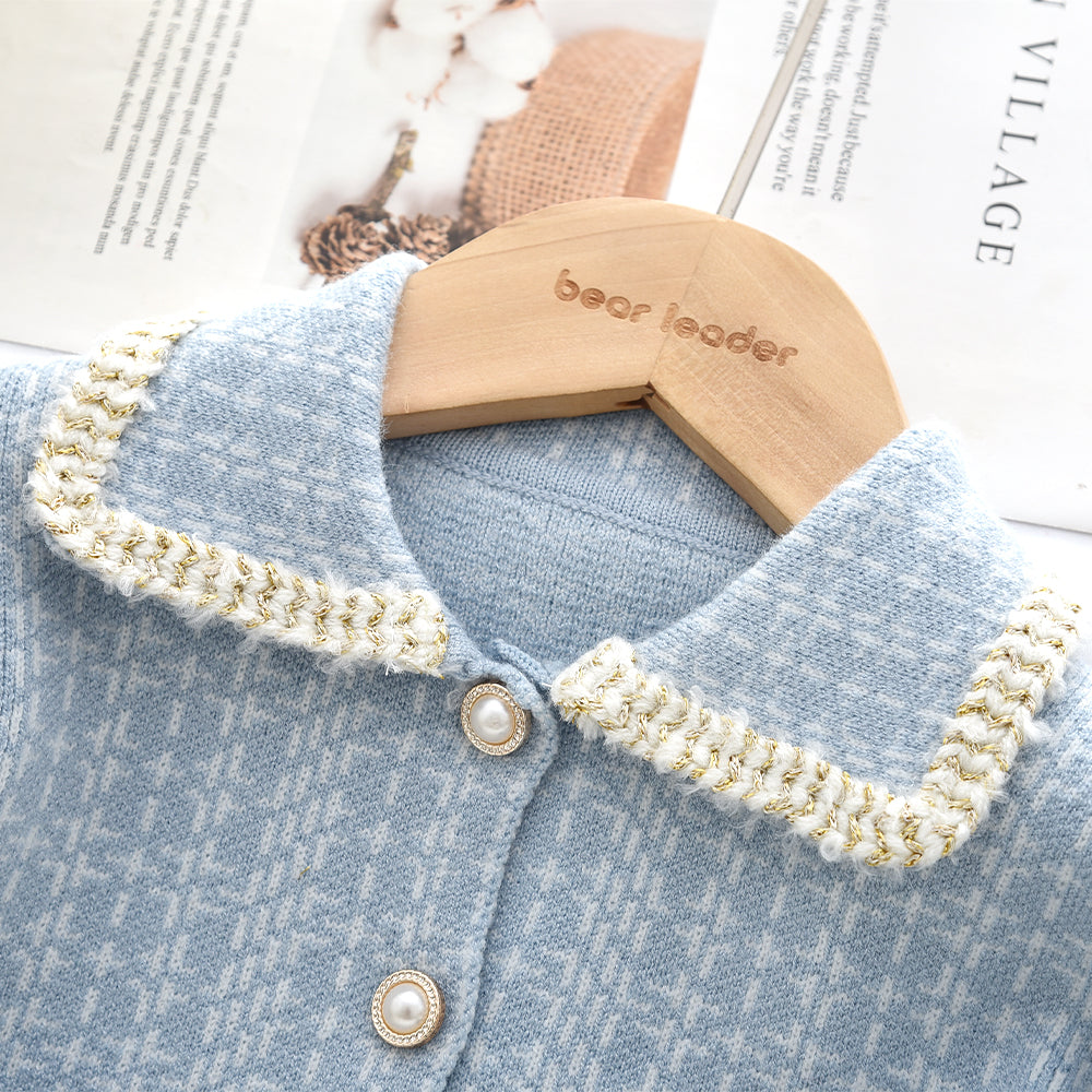 Girls' Plaid Pattern Knitted Cardigan+Skirt 2pcs Set