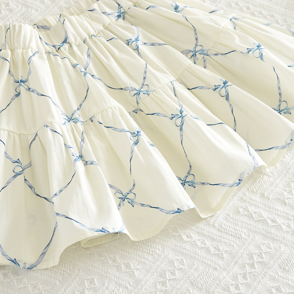 Girls' Bow-knot Printing Shirt+Patchwork Skirt Set