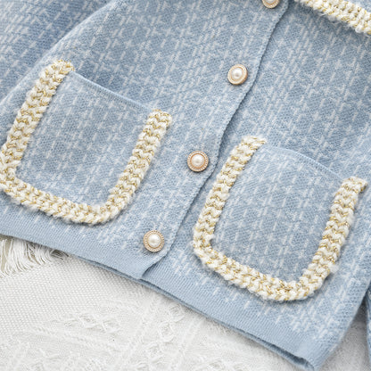 Girls' Plaid Pattern Knitted Cardigan+Skirt 2pcs Set