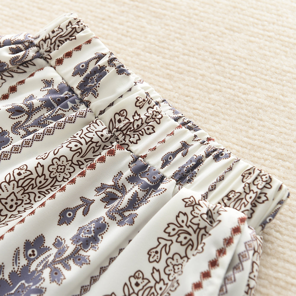 Girls' Ethnic Style Floral Print Ruffle Top+Flared Pants 2pcs Set