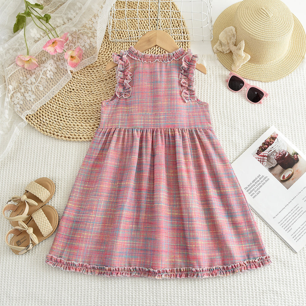 Girls' Plaid Outfit Sleeveless Ruffle Colorful Dress