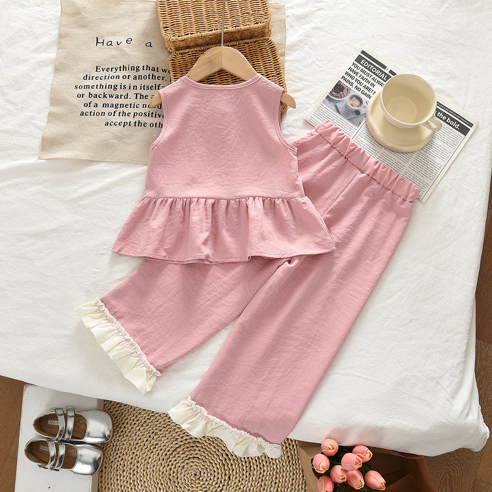 Lace Bow Ruffle Top+Lace Trousers Girls' Cute Set