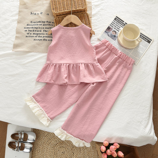 Lace Bow Ruffle Top+Lace Trousers Girls' Cute Set