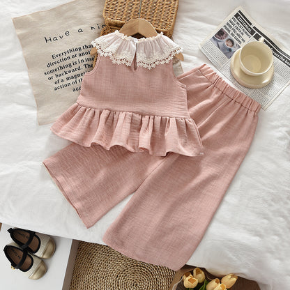 Lace Collar Top+Wide Leg Pants Cute Girls' Sleeveless Set