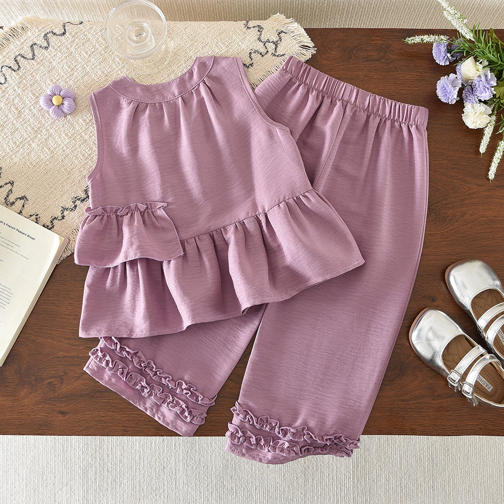 Sleeveless Ruffle Shirt+Lettuce Trim Pants Girls' Summer Fashion Set