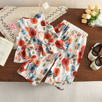 Flowers Prints Ruffle Vest+Wide Leg Pants Girls' Vacation Set