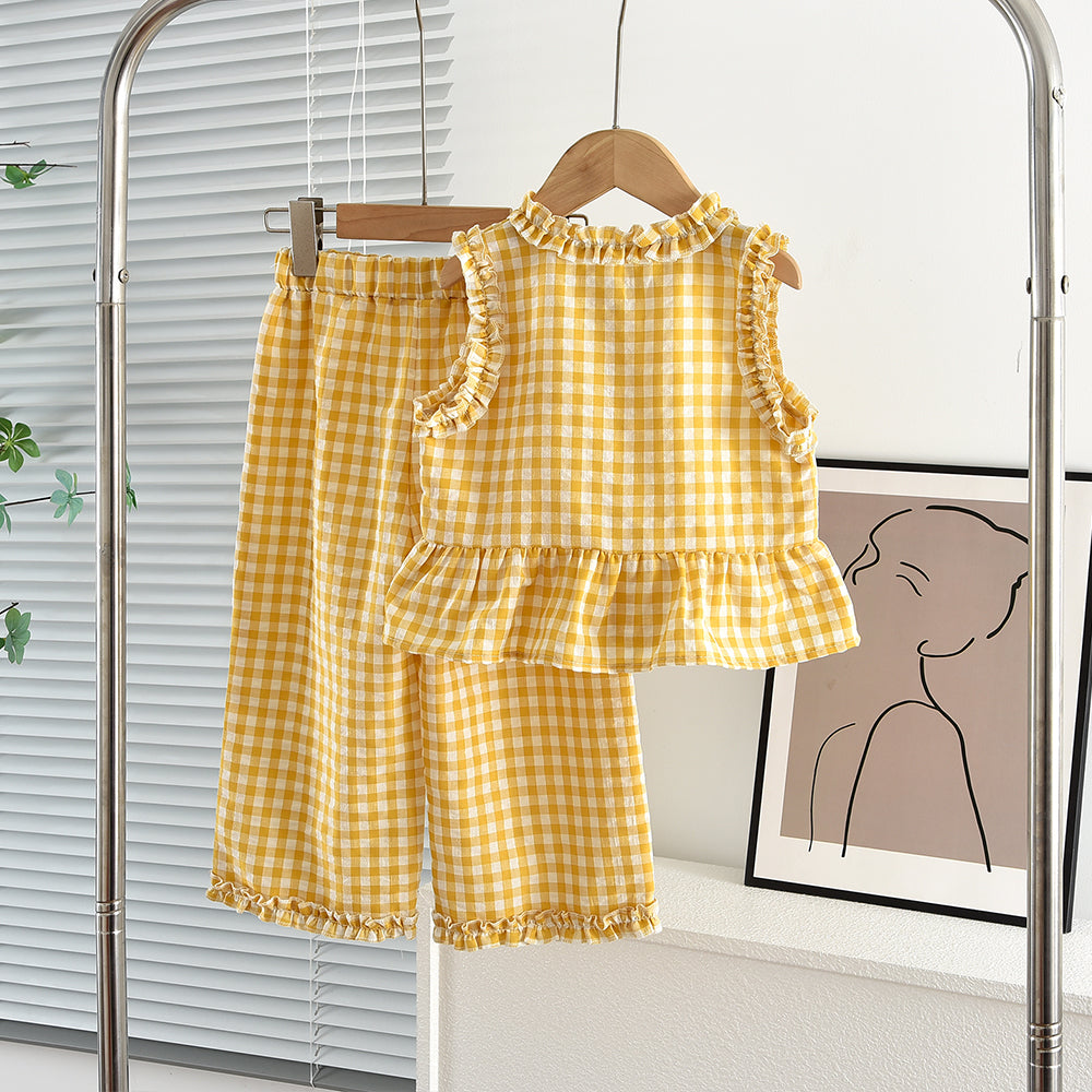 Fresh Plaid Ruffle Shirt+Casual Pants Girls' Cute Set