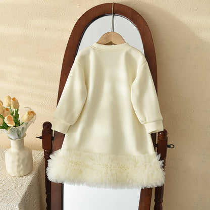 Girls' Cartoon Heart Patch Bow Lace Dress