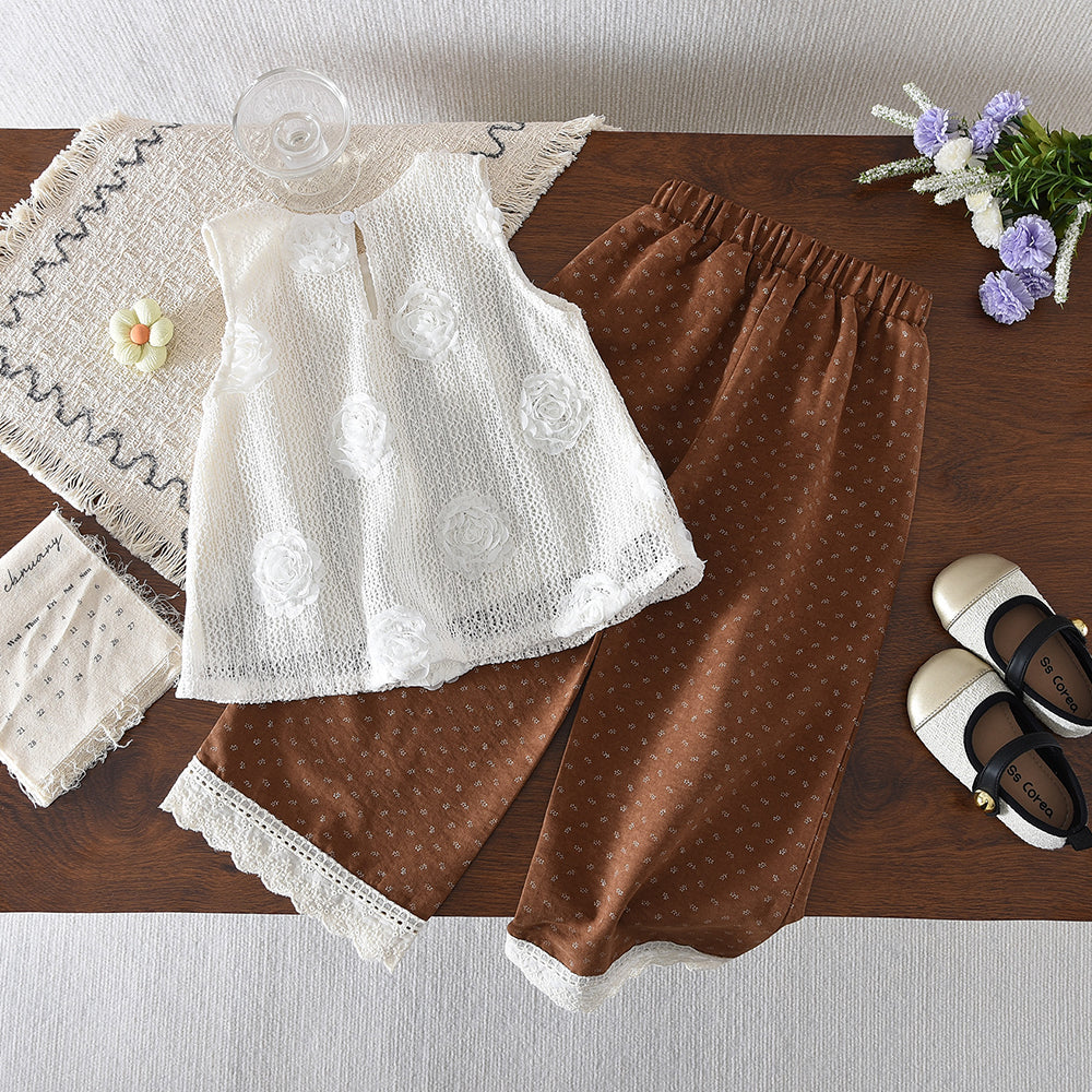 Flowers Mesh Sleeveless Top+Lace Floral Pants Girls' Stylish Set