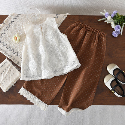 Flowers Mesh Sleeveless Top+Lace Floral Pants Girls' Stylish Set