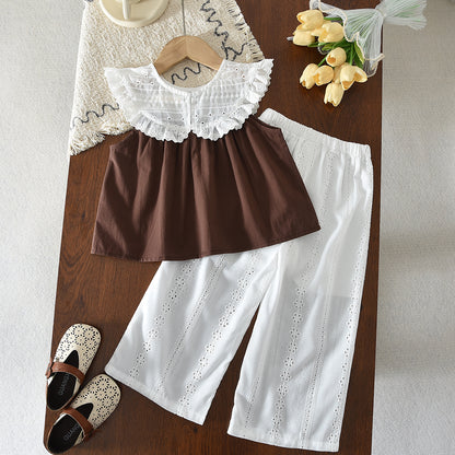 Big Collar Sleeveless Shirt+Hollow-Out Pants Kid Girls' Summer Set