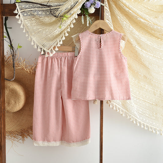 Cute Plaid Pattern Bow Top+Trousers Girls' Lace Set
