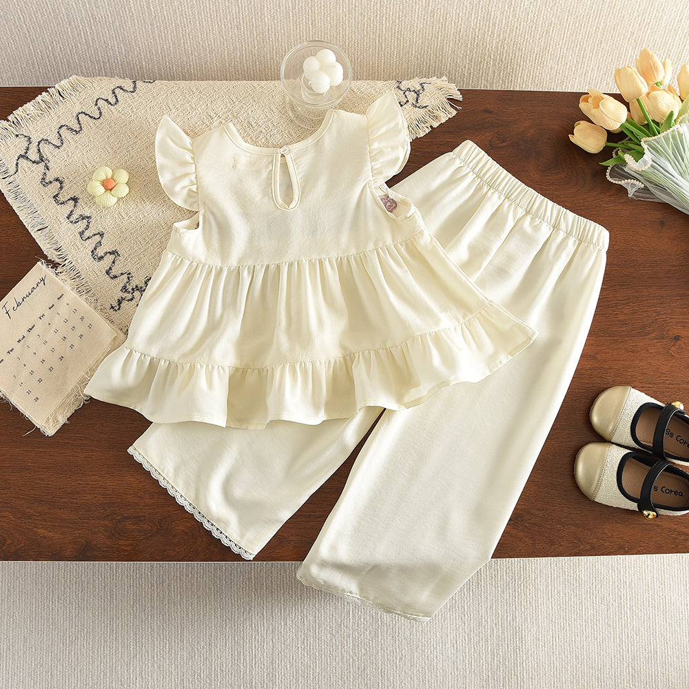 Floral Embroidery Ruffle Top+Lace Pants Girls' Cute Set