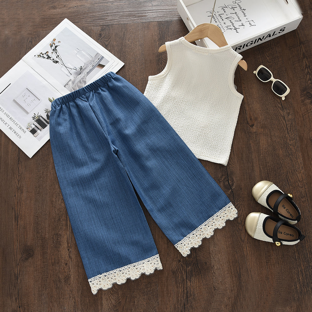 3D Flower Shirt+Lace Pants Girls' Summer Fashionable Set