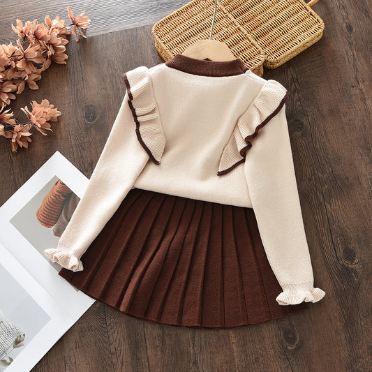 Bow Knitted Top+Pleated Skirt Girls' Cute Set