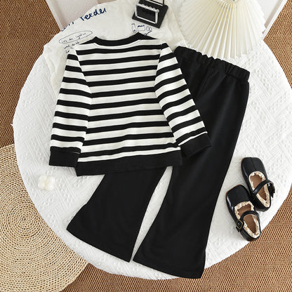 Girls' Classic Stripes Sweatshirt Flared Pants Casual Set