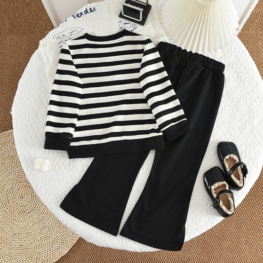 Girls' Classic Stripes Sweatshirt Flared Pants Casual Set