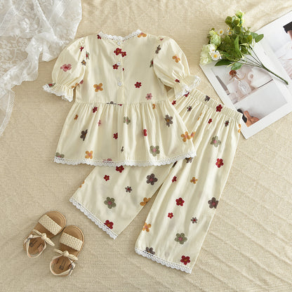 Multi-color Floral Prints Lace Shirt+Pants 100% Cotton Girls Pajamas Set