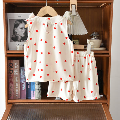 Polka Dots Bow Sleeveless Shirt+Shorts Kid Girls' Casual Set
