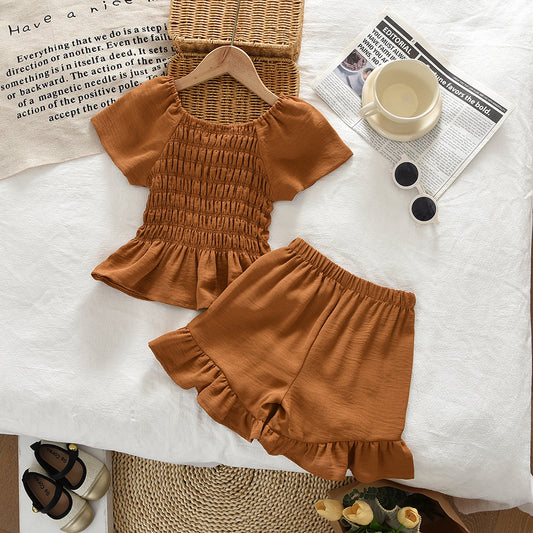 Bow Wrinkle Short Sleeve Shirt+Ruffle Shorts Girls' Cute Set