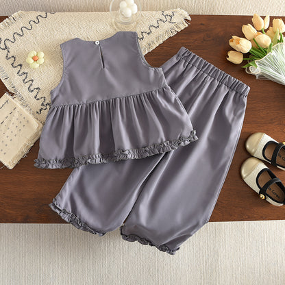 Lettuce Trim French Top+Wide Leg Pants Fashion Girls' Set