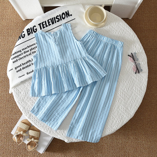 Bow Ruffle Vest+Pants Stripes Girls' Casual Set
