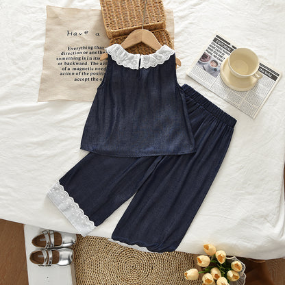 Lace Sleeveless Shirt+Trousers 2pcs Girls' Fashion Set